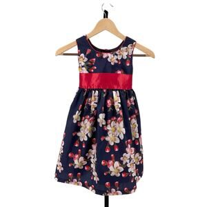 Marlenne Dress Navy Blue Red Girls Size 4 Floral Sleeveless Fit & Flare Tie Belt